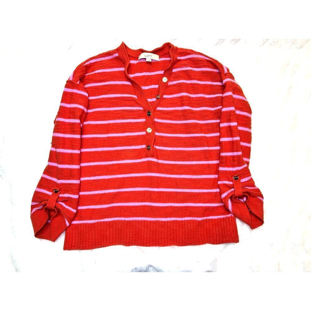 Loft Marled Texture, Coral & Pink Striped, Women's Medium V-Neck Sweater